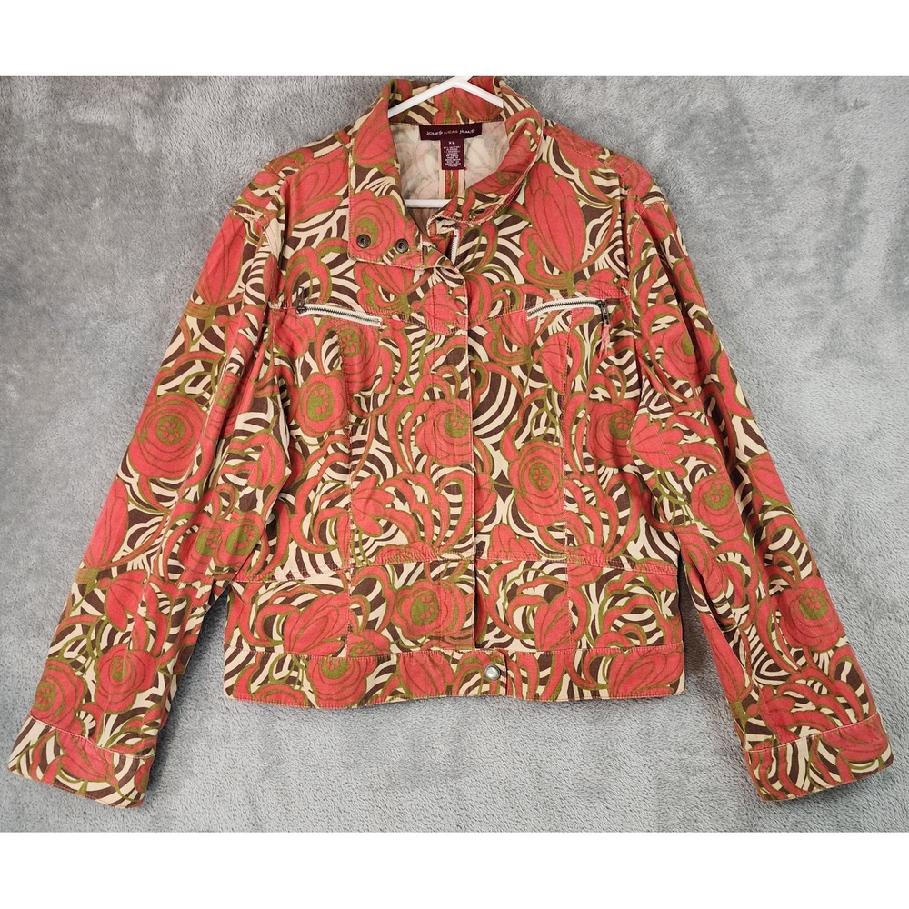 Jones Wear Jeans Jacket Womens XL Coral Green Corduroy Floral Psychedelic
